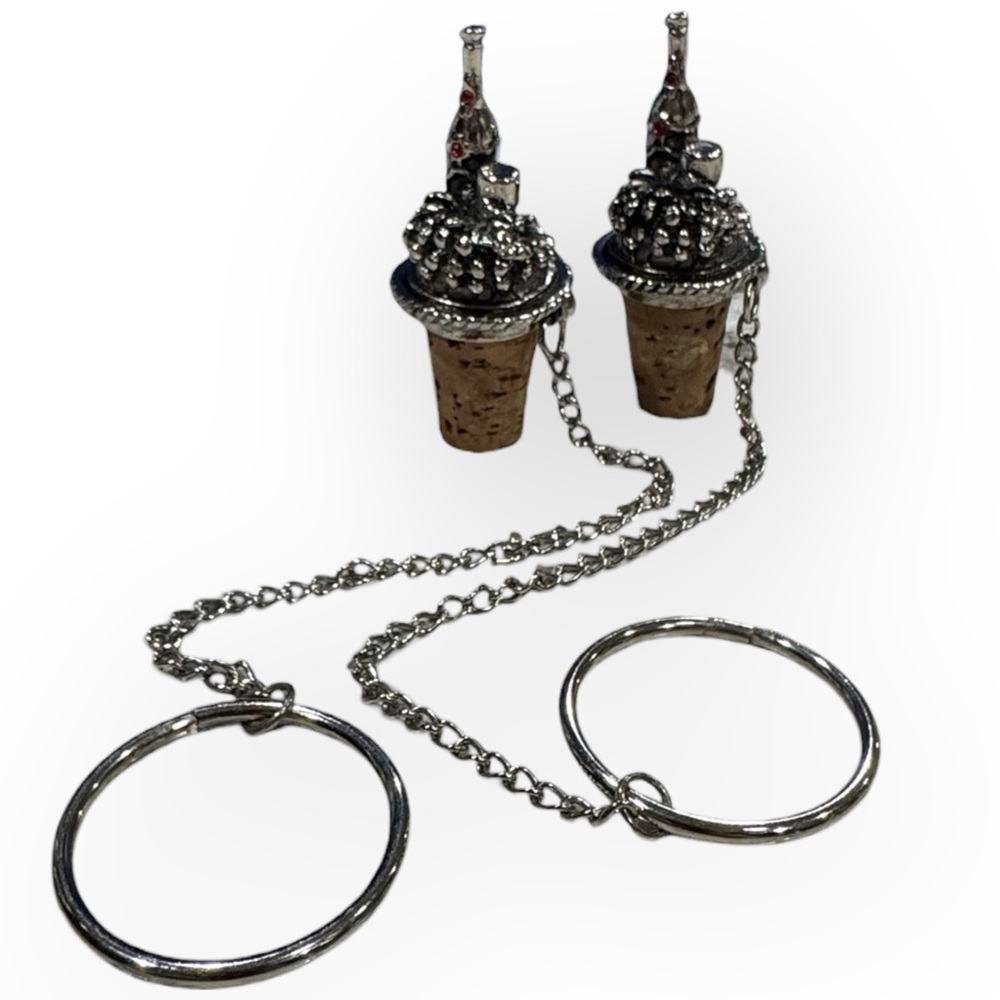 Pair of 2 Pewter Wine Stoppers on a Chain With Corks - Never Used!